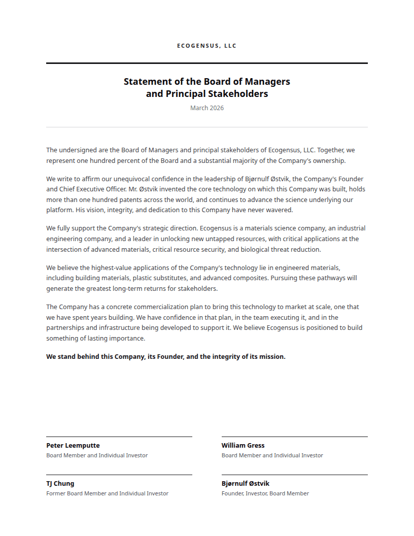 Statement of the Board of Managers and Principal Stakeholders